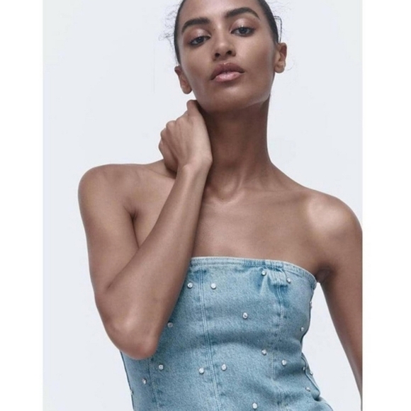 Zara Denim Top Jewel Corset Rhinestone size S - Picture 8 of 12